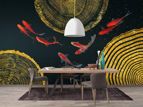 Elegant Koi Fish & Golden Rings Wall Mural – Luxury Art Wallpaper