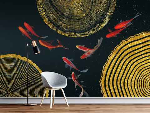 Elegant Koi Fish & Golden Rings Wall Mural – Luxury Art Wallpaper