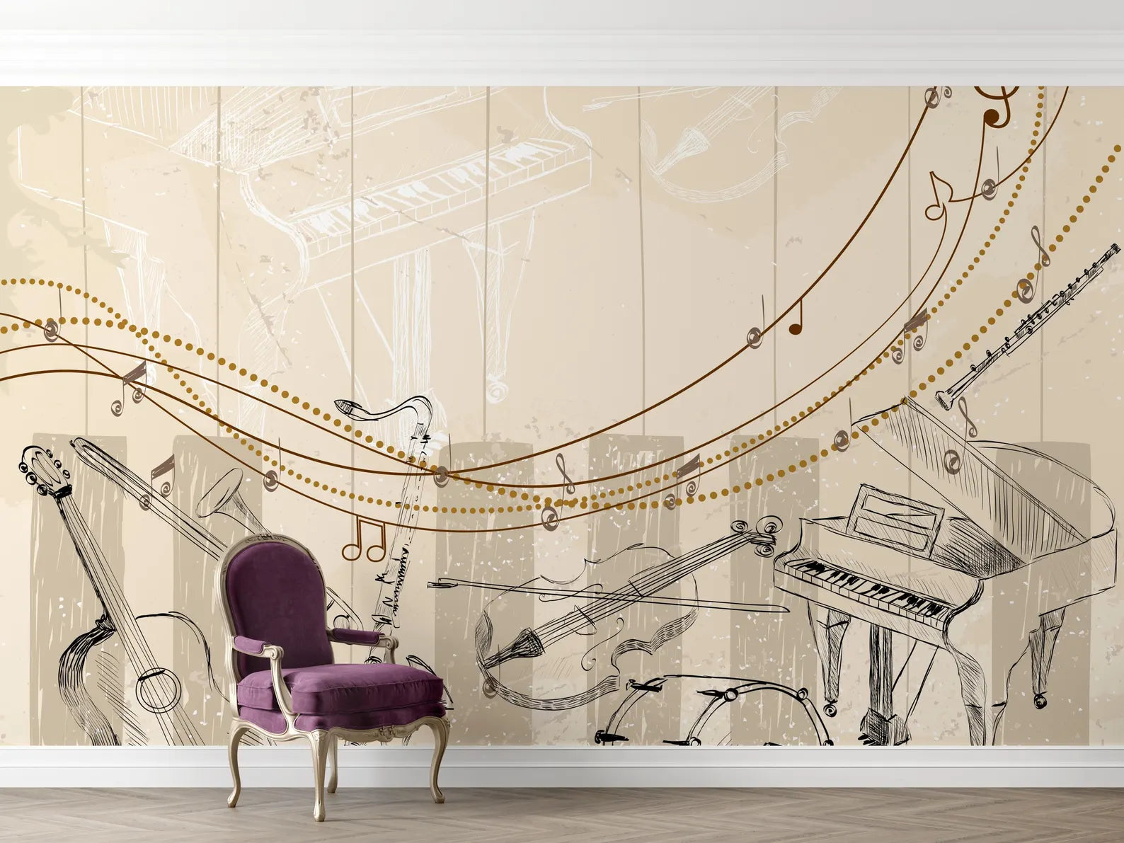 Large Music Instruments Wall Mural | Beige Neutral Musical Notes Wallp ...