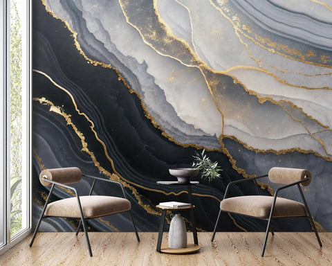 Peel And Stick Black and Gold Marble Wallpaper